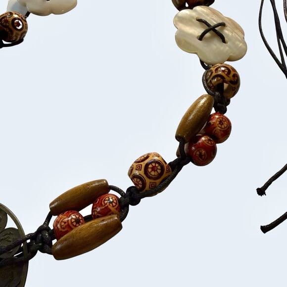 VTG Boho Chinese Zodiac Medallion Wood Bead Mother Of Pearl Hip Belt Or Necklace main image 6